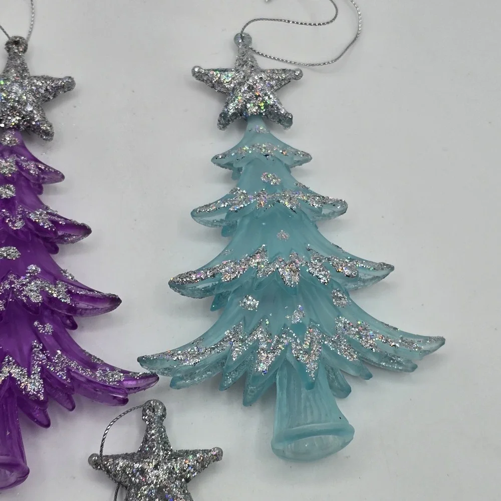 Lot Of 3 Plastic Christmas Tree Hanging Ornament Blue‎ Purple White Glittered